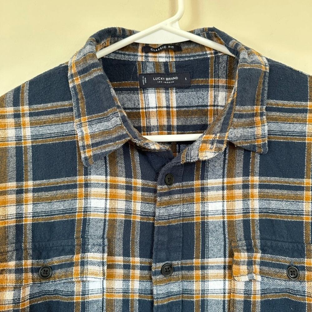 Lucky Brand Mens Large Classic Fit Plaid Flannel Shirt Blue Brown Button Up - Picture 2 of 13